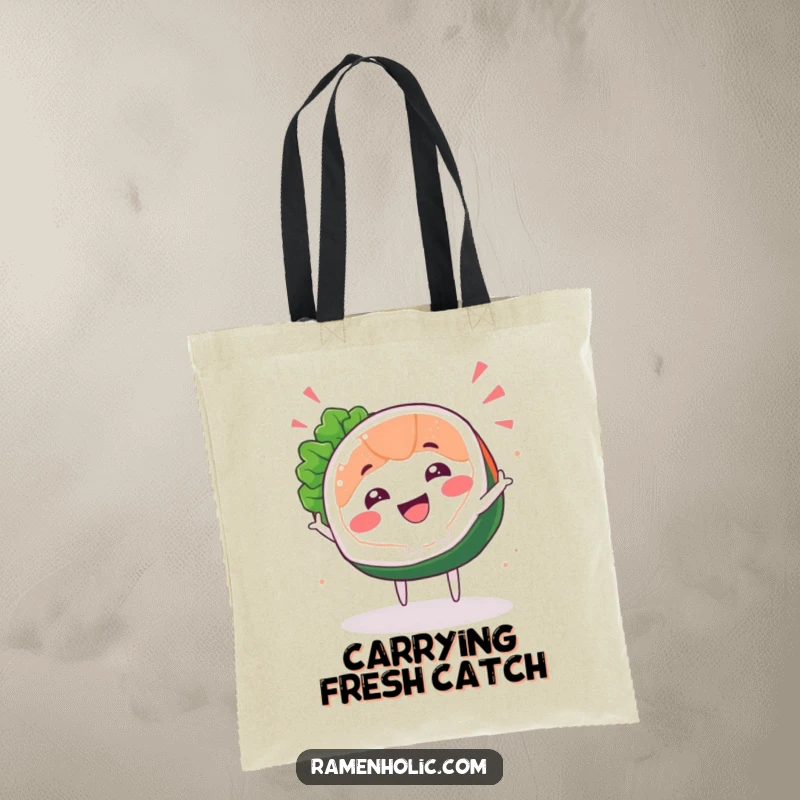 Funny Sashimi Spin Tote Bag depicting a happy sashimi slice character performing an energetic spin, great for shopping and smiles.