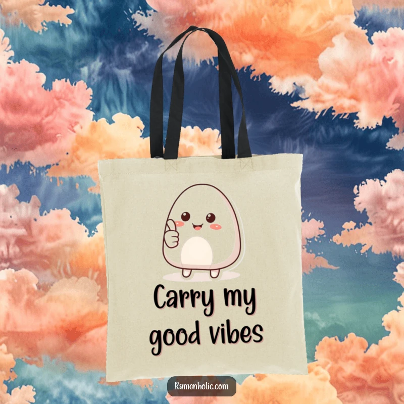 Funny tote bag with a smiling onigiri character giving a thumbs up, designed to bring a smile and a dose of positive foodie energy.