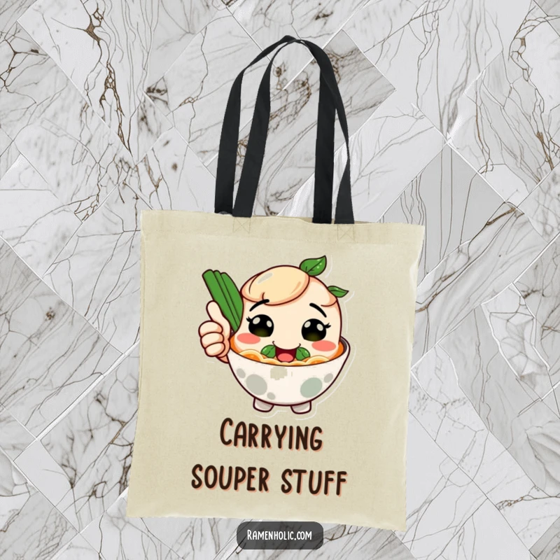 Funny tote bag with a smiling ramen bowl character giving a thumbs up, a stylish and humorous accessory for food lovers.