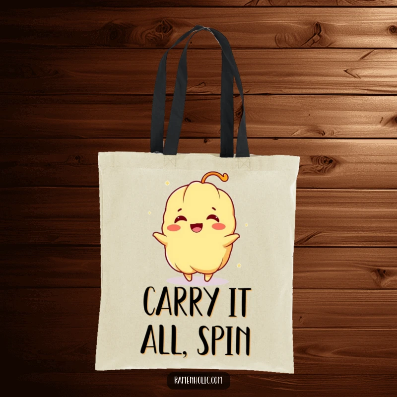 Funny tote bag with a tempura character joyfully spinning, perfect for carrying items with a touch of cartoon fun.