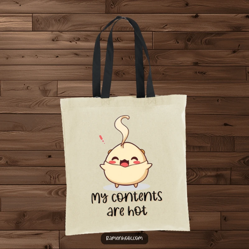 Funny surprised gyoza tote bag, a character looking shocked with steam, great for carrying items with humor.