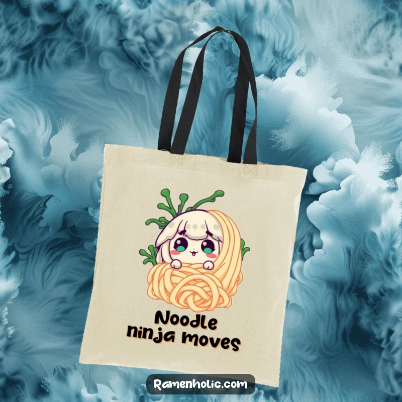 Funny seaweed character surprised behind a noodle on a durable tote bag, ideal for grocery shopping with a grin.