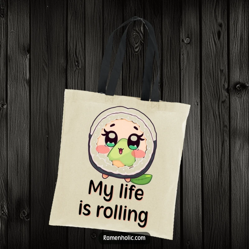 Funny tote bag displaying a surprised sushi roll character with wide eyes and blush, a humorous and practical accessory.