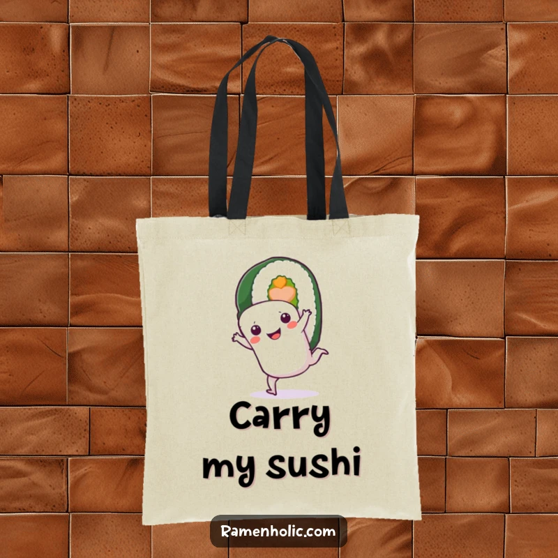 Funny Sushi Roll Tote Bag: A smiling sushi character doing a cartwheel, showcasing a fun and practical accessory.