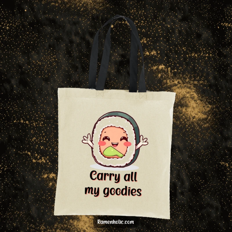 Funny sushi roll tote bag with tiny arms waving enthusiastically, perfect for carrying groceries with a smile.