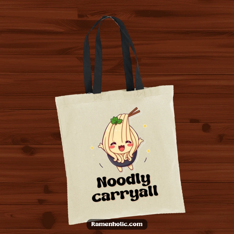 Funny Udon Flip Tote Bag depicting a happy udon noodle character performing an energetic flip, great for shopping and smiles.