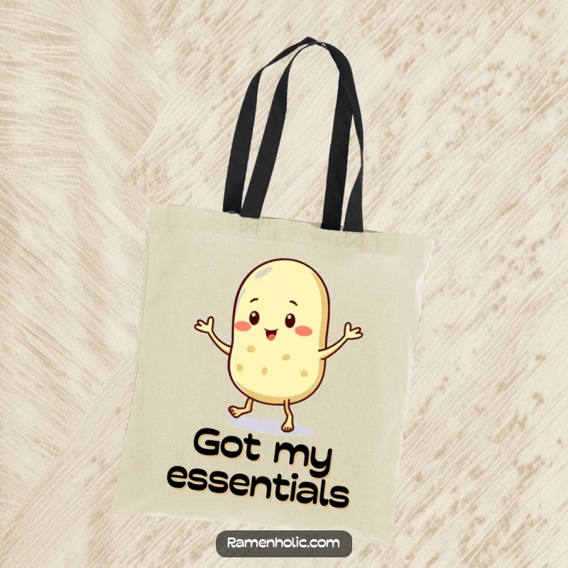 Funny tote bag featuring a sesame seed character in a spirited jig, perfect for carrying essentials with a touch of miniature fun.