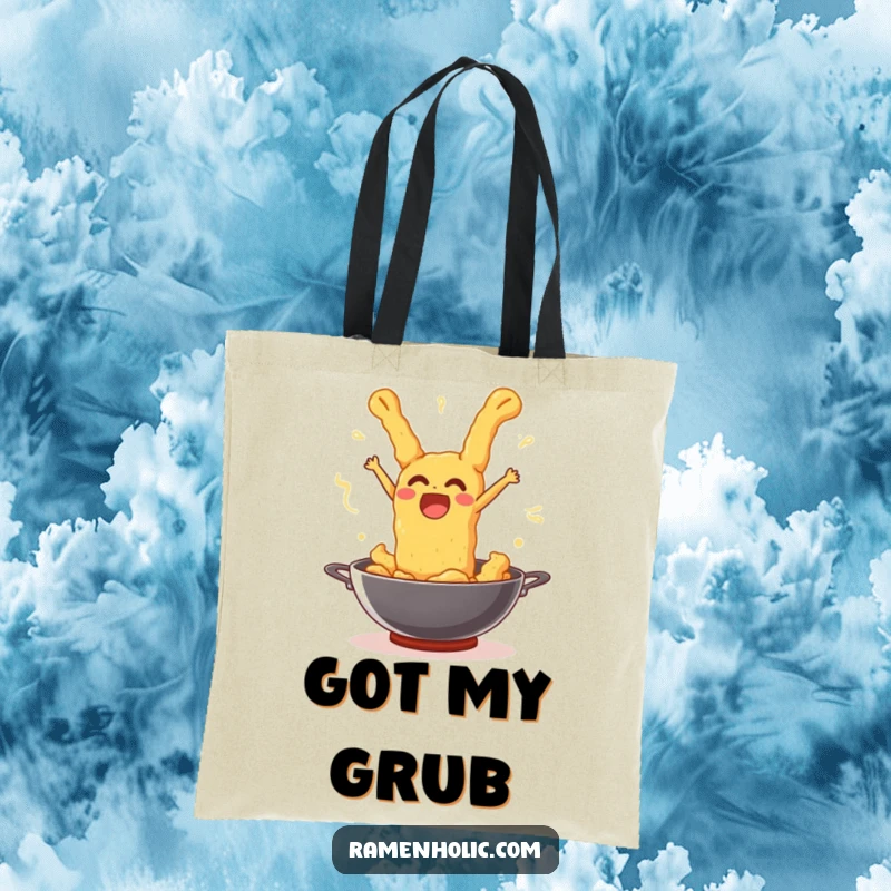 Funny tempura piece leaping with joy out of a wok, printed on a durable tote bag.