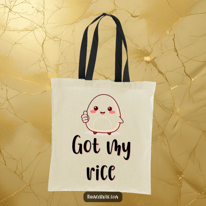 Funny tote bag with a smiling onigiri character giving a thumbs up, ideal for carrying essentials with a positive spin.