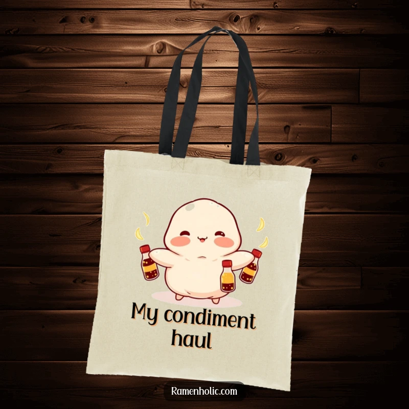 Funny Kawaii dumpling with rosy cheeks, juggling soy sauce bottles, carrying groceries, a charming food character, ideal funny gift.