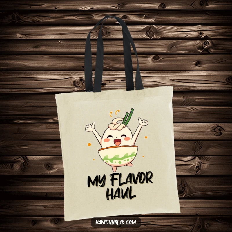 Funny tote bag showcasing a leaping ramen bowl character, brimming with joy and noodles, ideal for carrying daily necessities with humor.