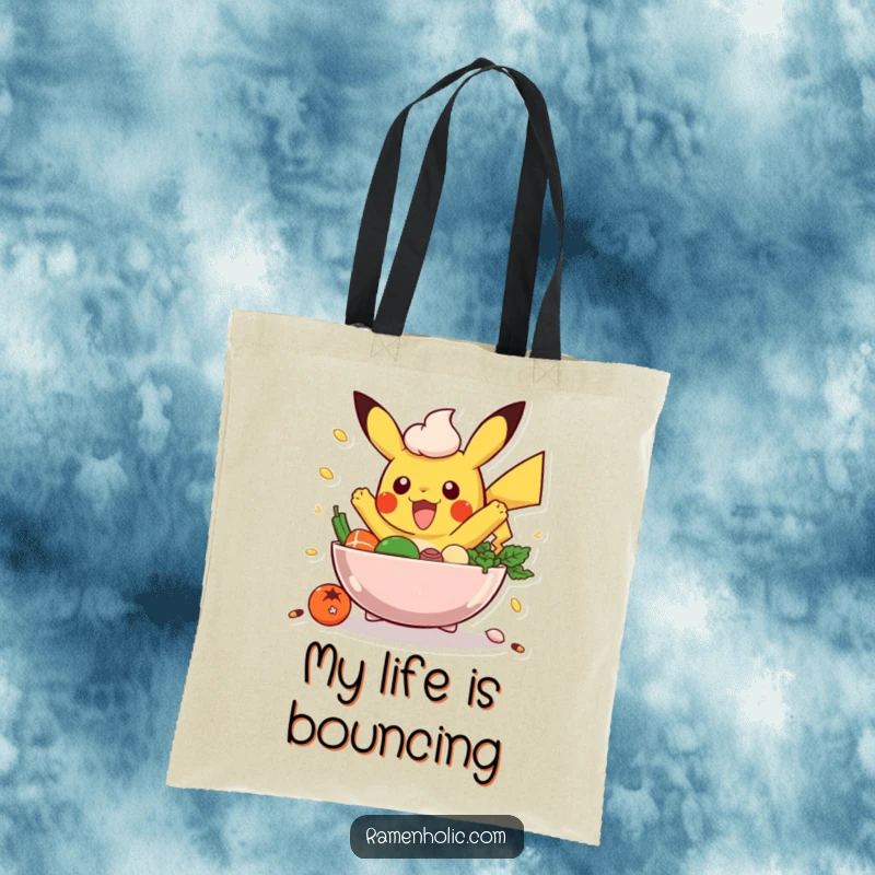 Funny Poke Bowl Tote Bag: An excited poke bowl character with ingredients leaping, ready to carry your essentials.