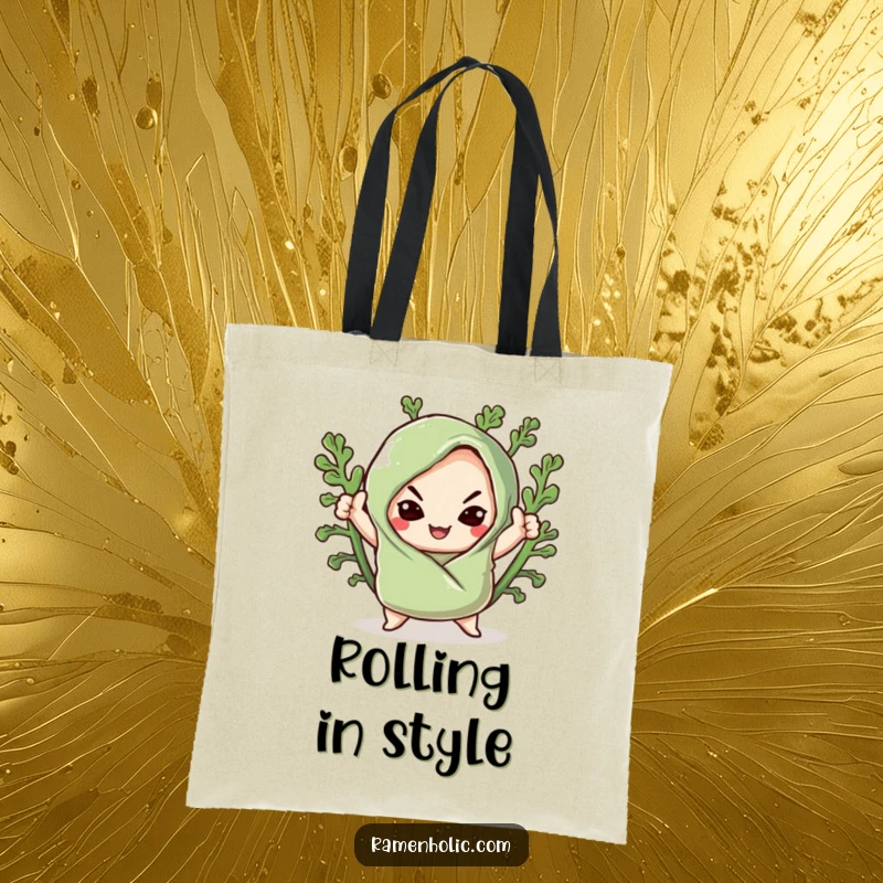Funny tote bag with a kawaii seaweed wrap striking a dramatic pose with a smug smile, perfect for carrying items with attitude.