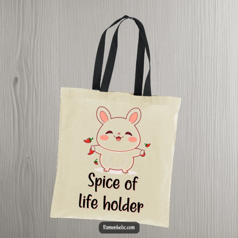 Funny tote bag with a playful bao bun juggling chili peppers, perfect for carrying items with spicy flair.