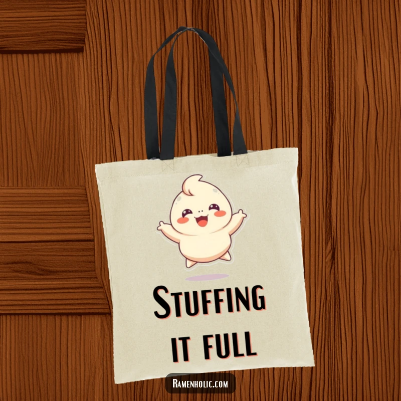 Funny tote bag illustration of a cheerful dumpling character leaping with excitement, ideal for carrying daily items with a smile.